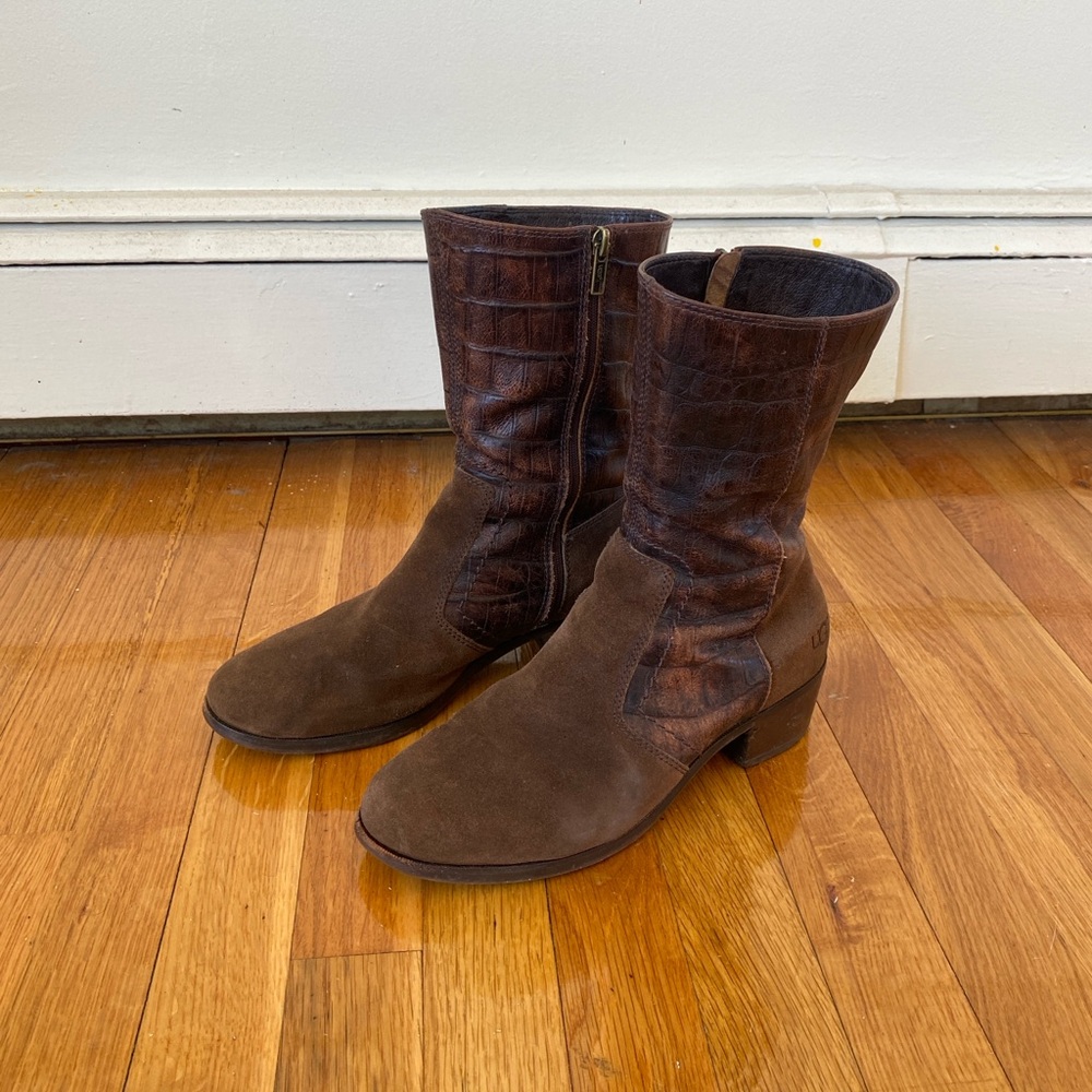 UGG Dark Brown Suede Leather Crocodile-Embossed Lou Boots 9.5